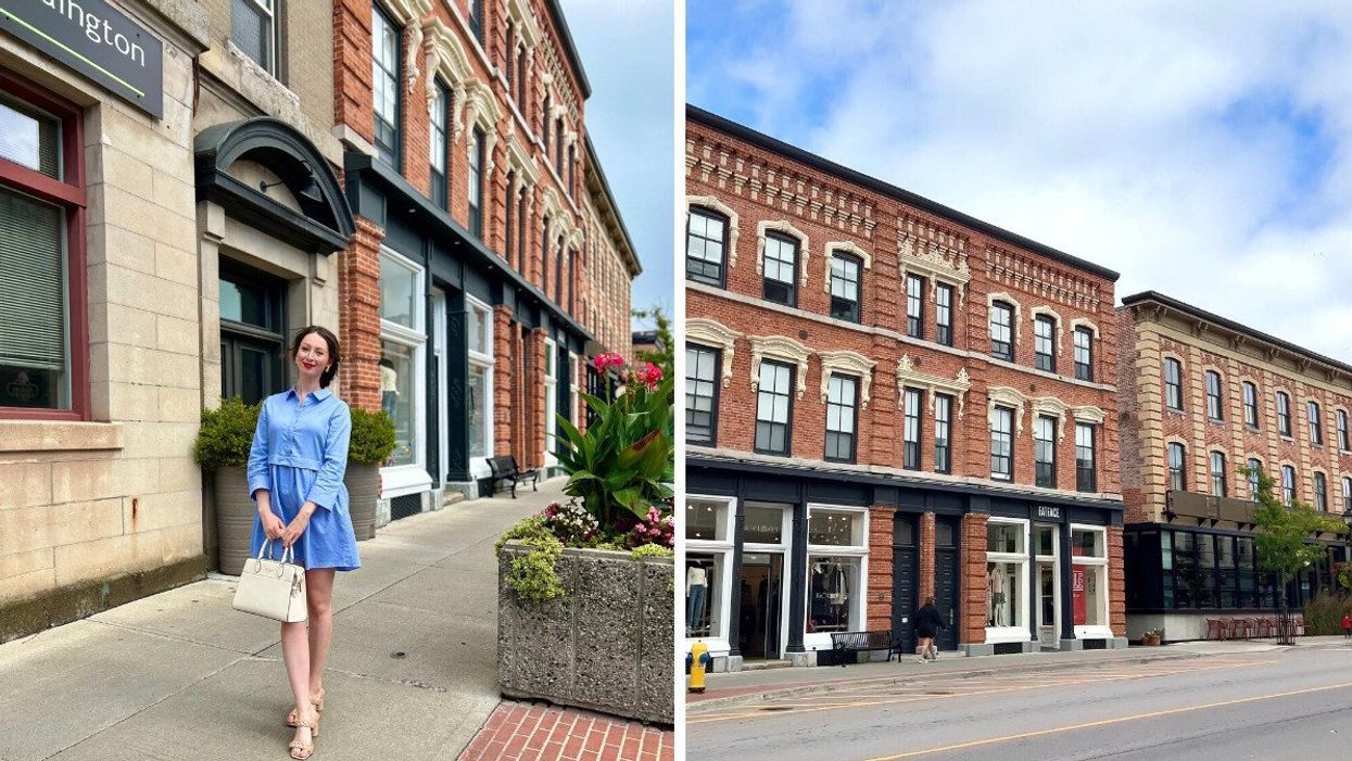A person standing on a street. Right: A historic Main Street.
