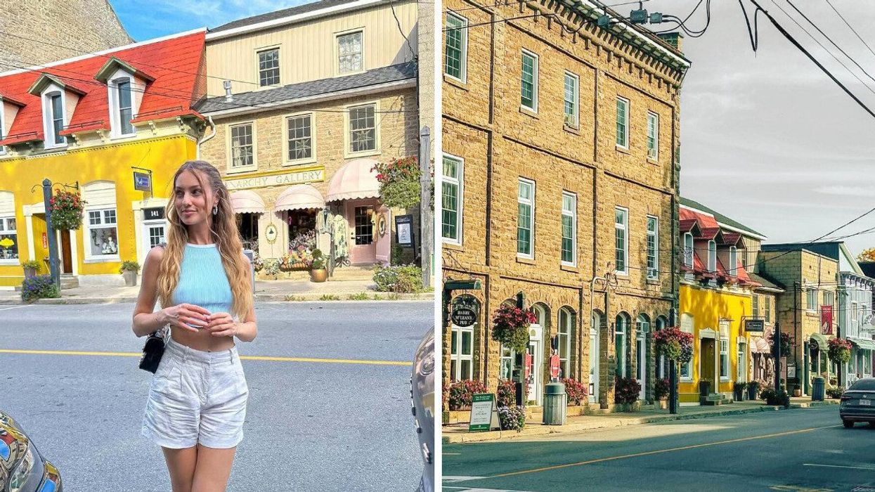 A person standing on a street. Right: A historic street.