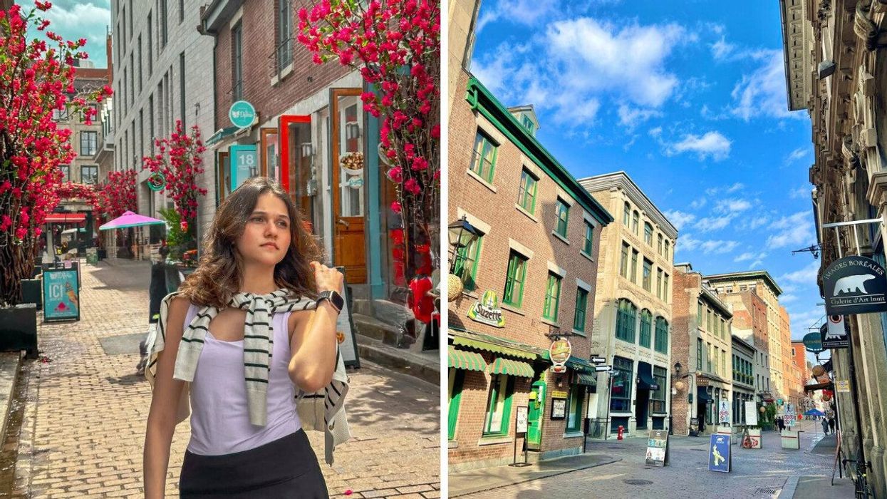 A person standing on a street. Right: A historic street.