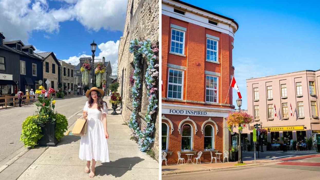 A person standing on a street. Right: A historic street.