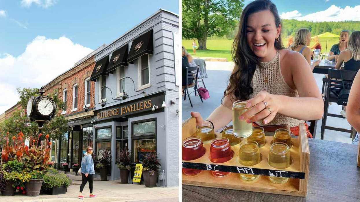 A person standing on a street. Right: A person drinking cider.