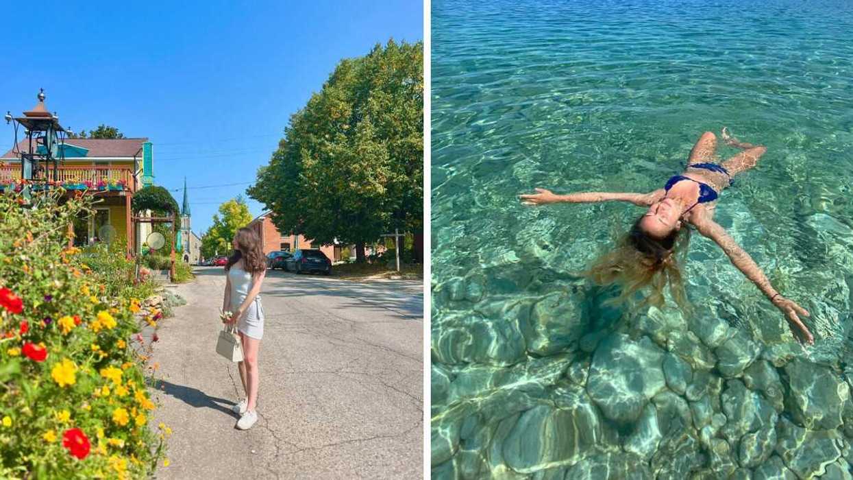A person standing on a street. Right: A person floating in clear water.