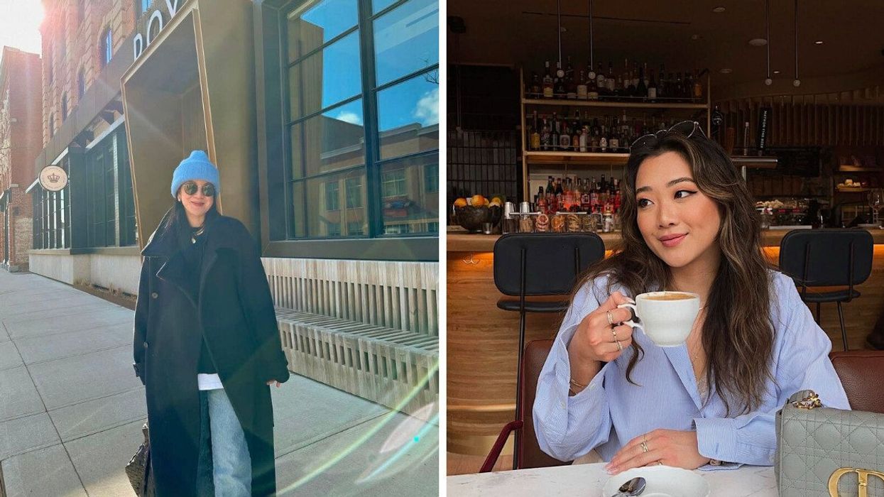 A person standing on a street. Right: A person holding a coffee at a cafe.