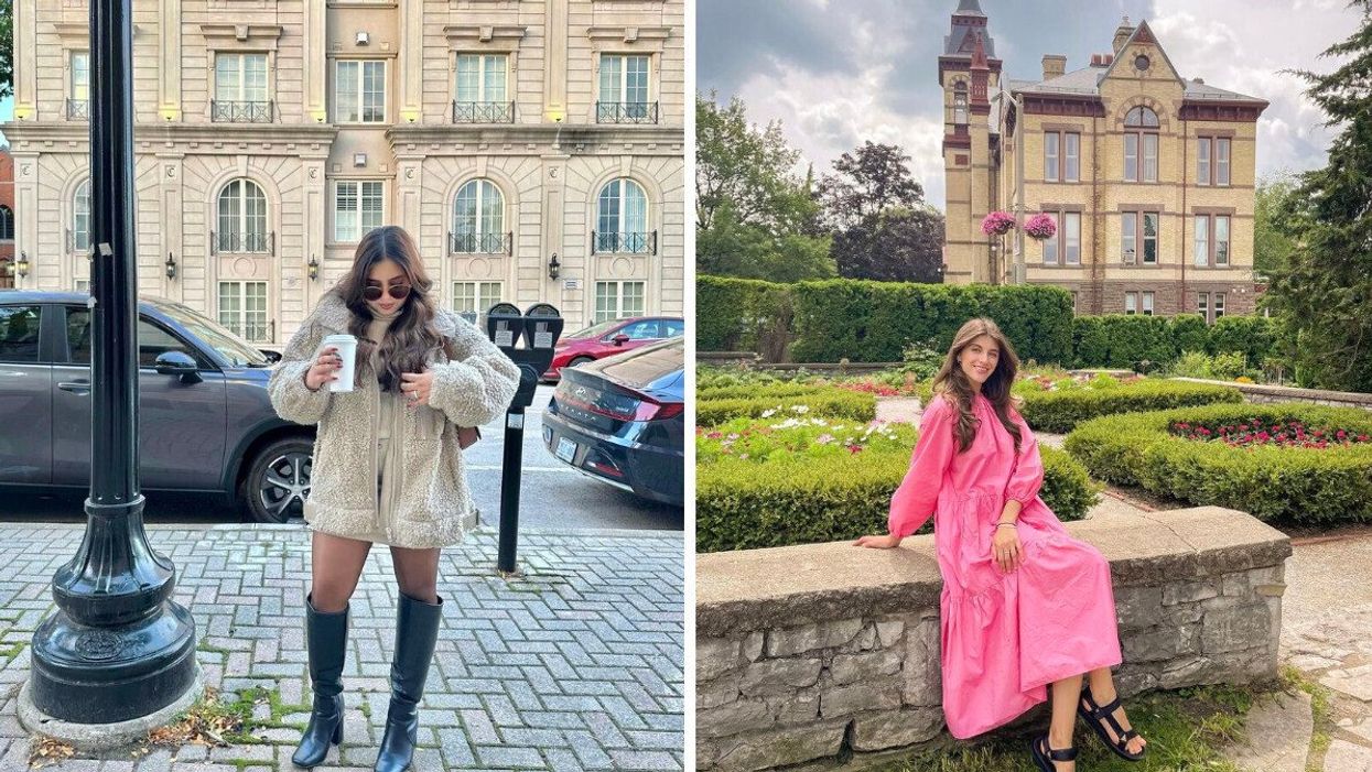 A person standing on a street. Right: A person in a pink dress in a garden.