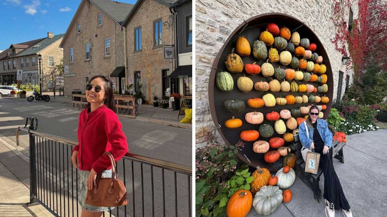 A person standing on a street. RIght: A person sitting by pumpkins.