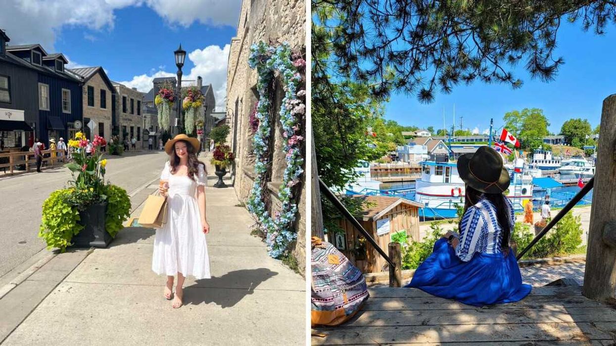 A person standing on a street. Right: A person sitting in a harbour.