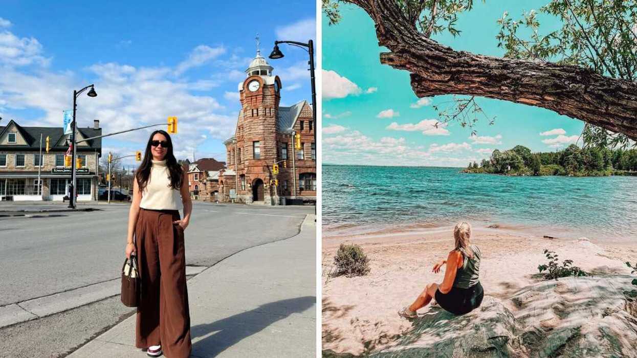 A person standing on a street. Right: A person sitting on a beach.