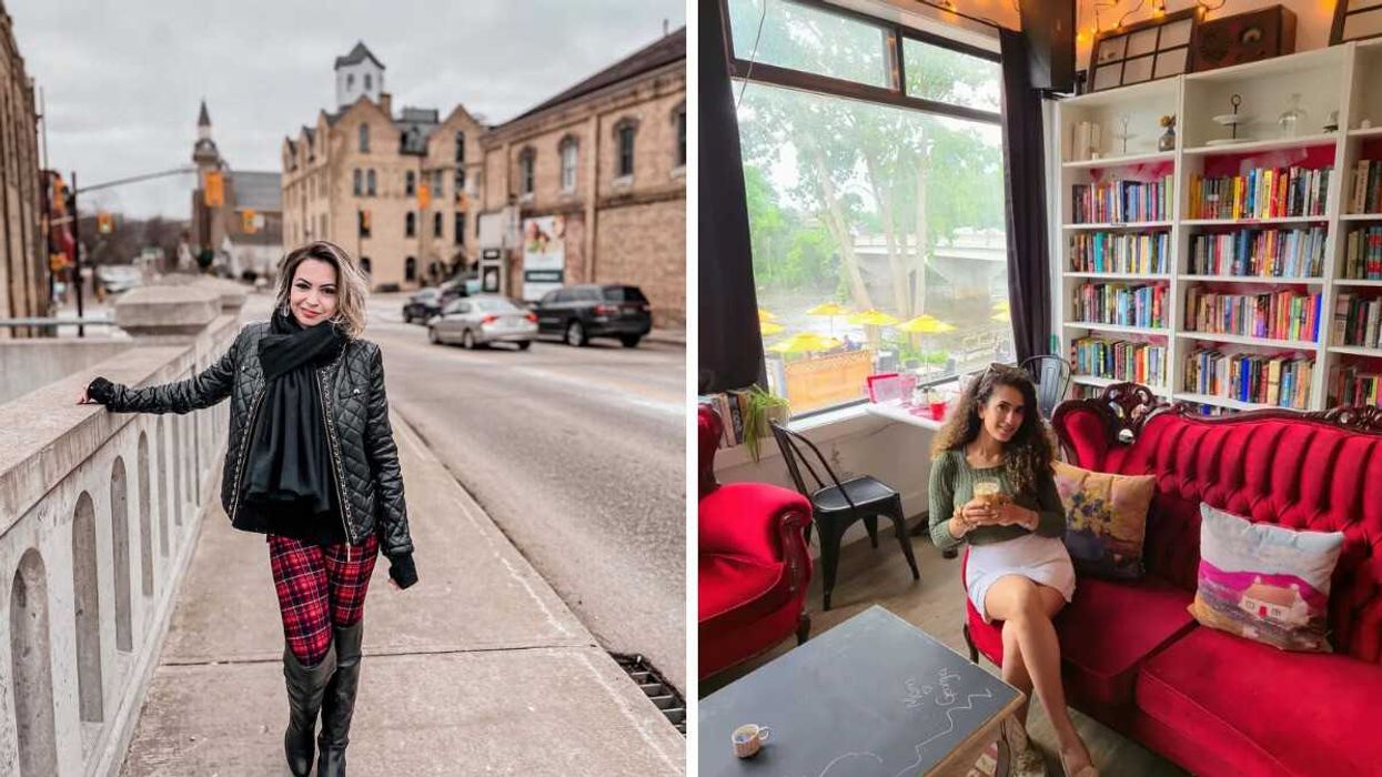 A person standing on a street. Right: A person sitting on a couch.