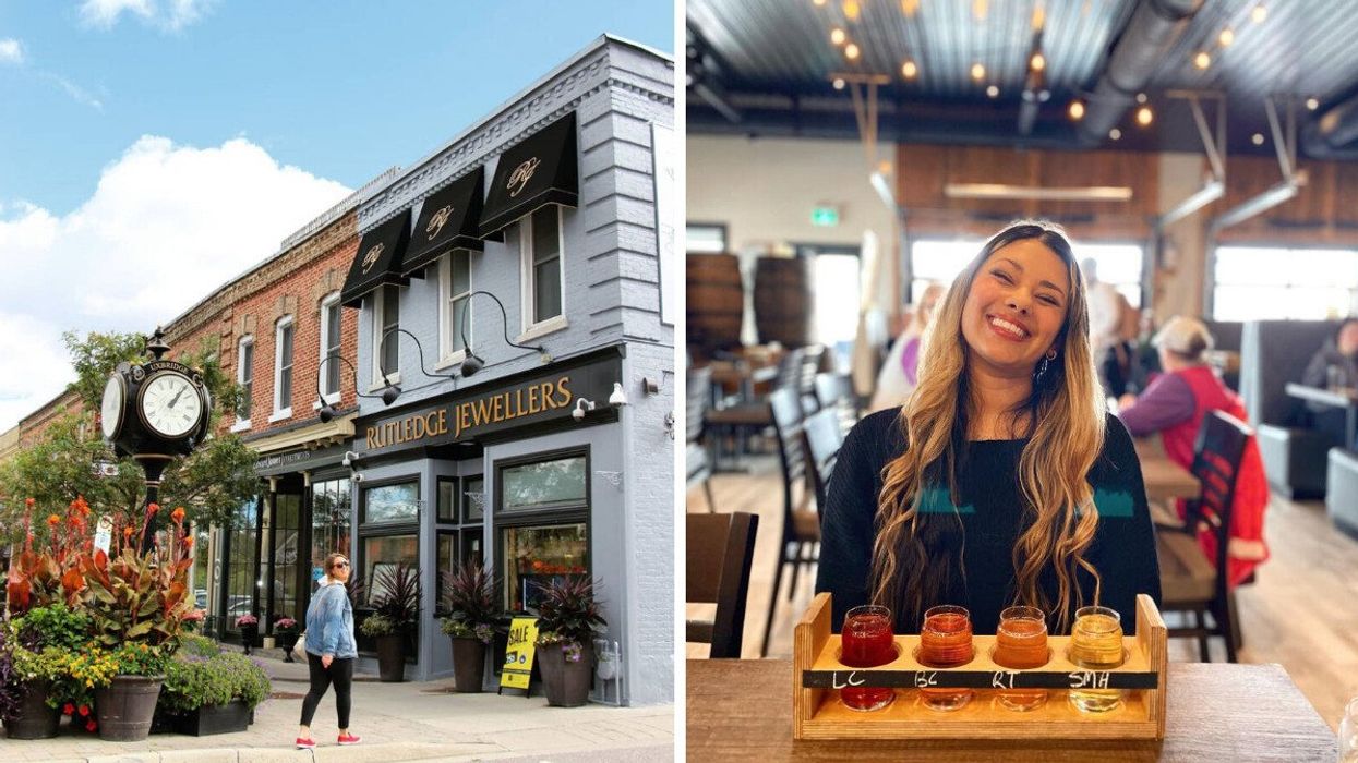 A person standing on a street. Right: A person sitting with a flight of cider.
