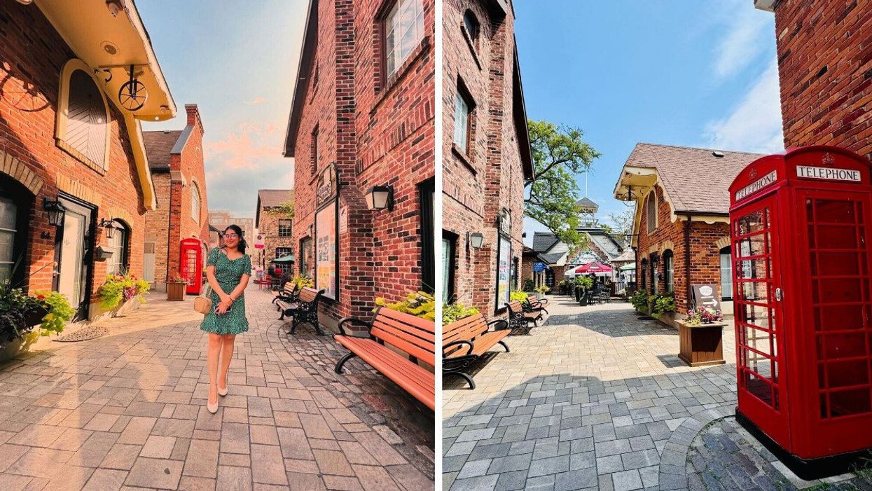 A person standing on a street. Right: A red telephone booth in a village.