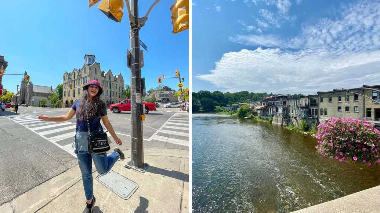 A person standing on a street. Right: A river lined with buildings.