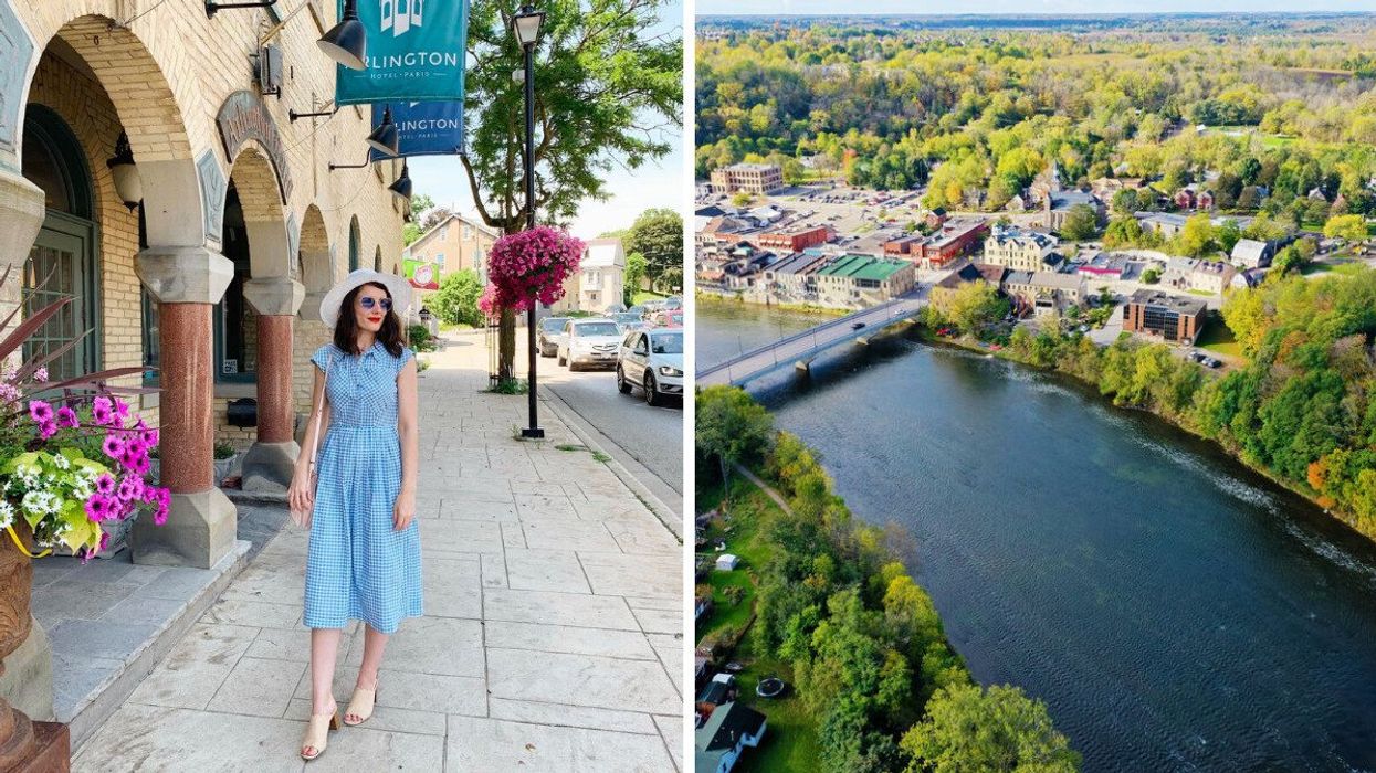 A person standing on a street. Right: A riverside town with a bridge.