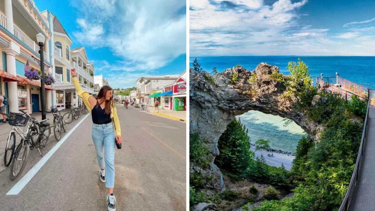 A person standing on a street. Right: A rock formation by a lake.