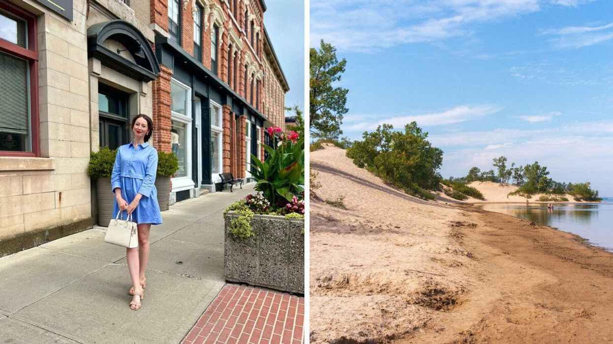 A person standing on a street. Right: A sandy beach.