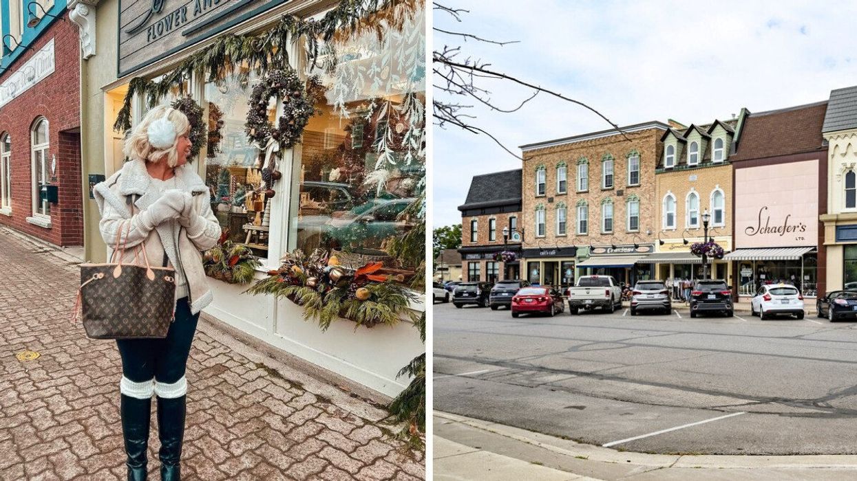 A person standing on a street. Right: A small town.