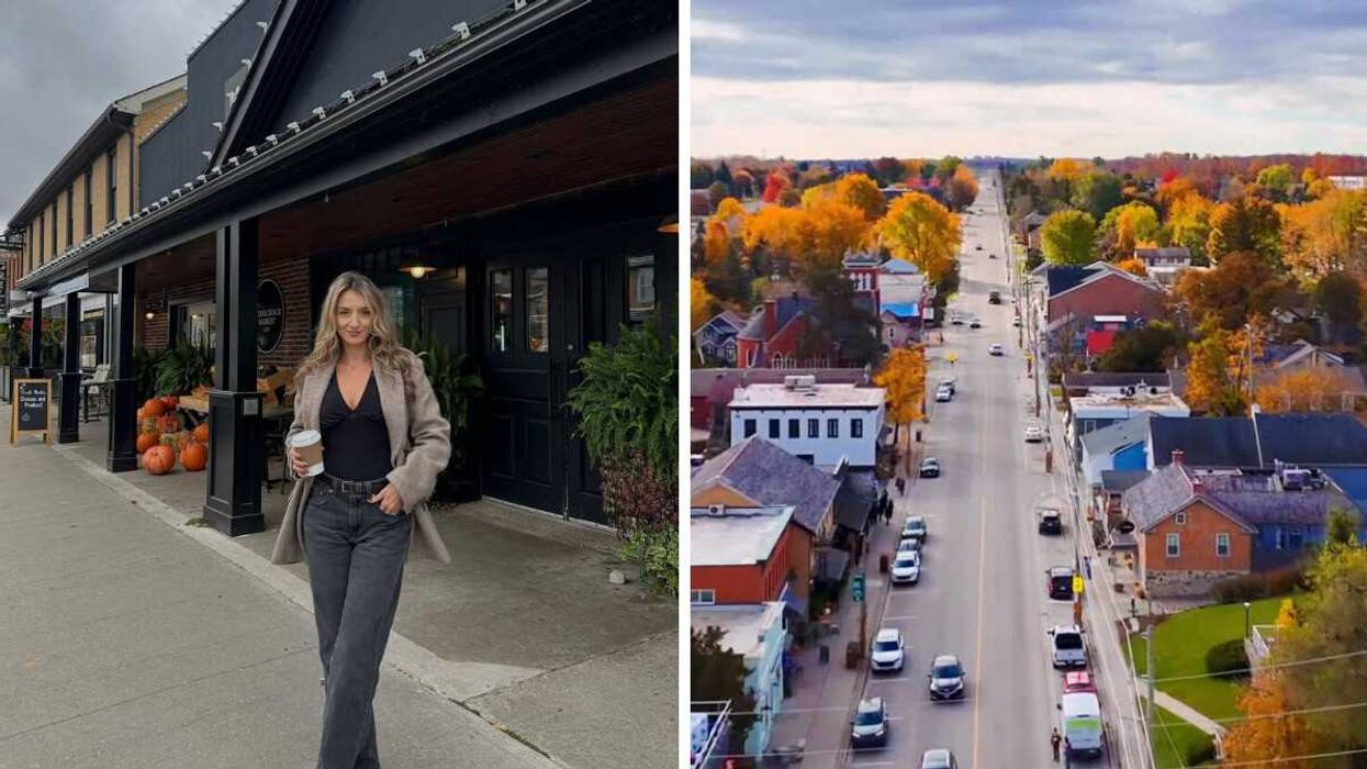 A person standing on a street. Right: A street during the fall.
