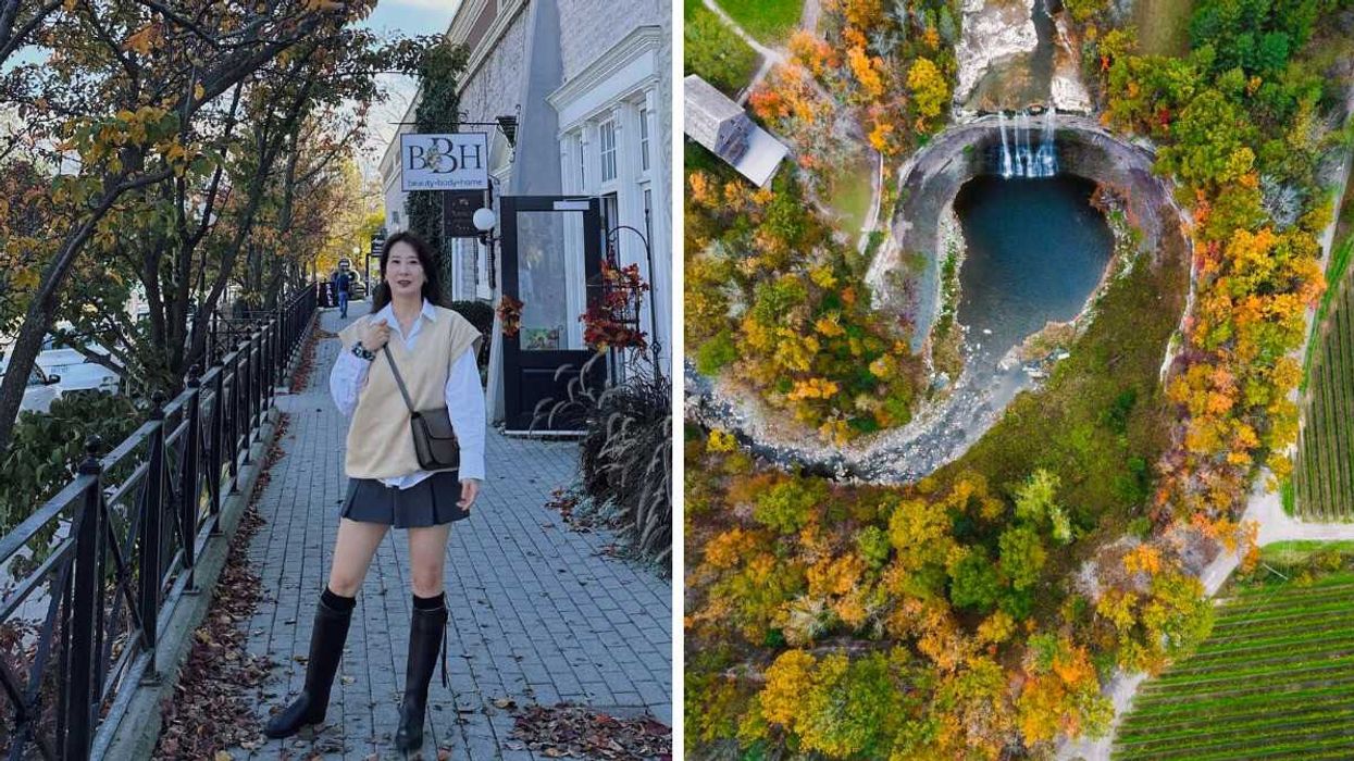 A person standing on a street. Right: A waterfall surrounded by fall colours.