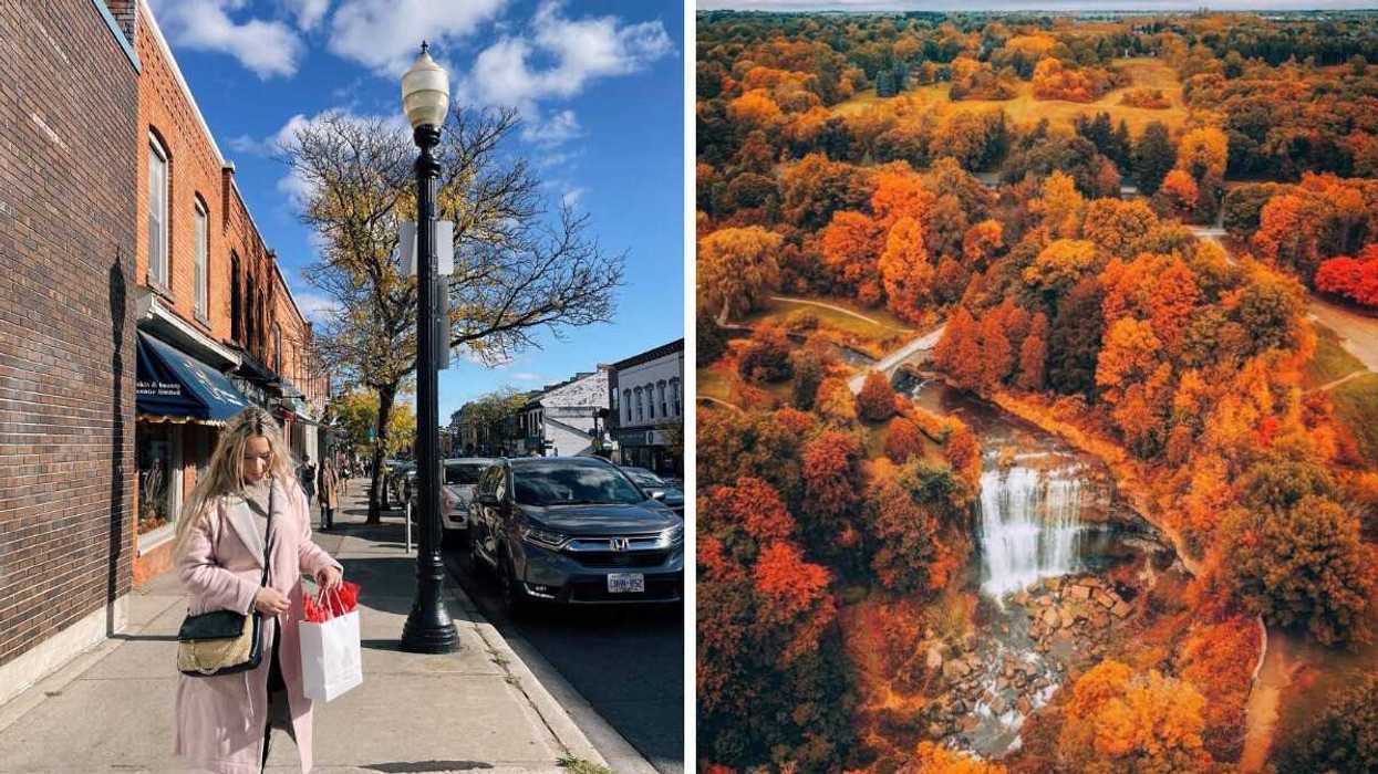 A person standing on a street. Right: A waterfall surrounded by fall colours.