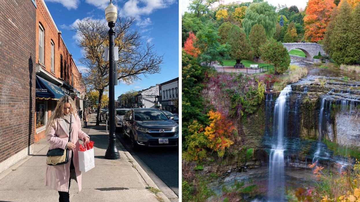 A person standing on a street. Right: A waterfall with a bridge over it.