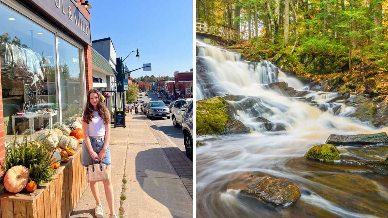 A person standing on a street. Right: A waterfall with a bridge.