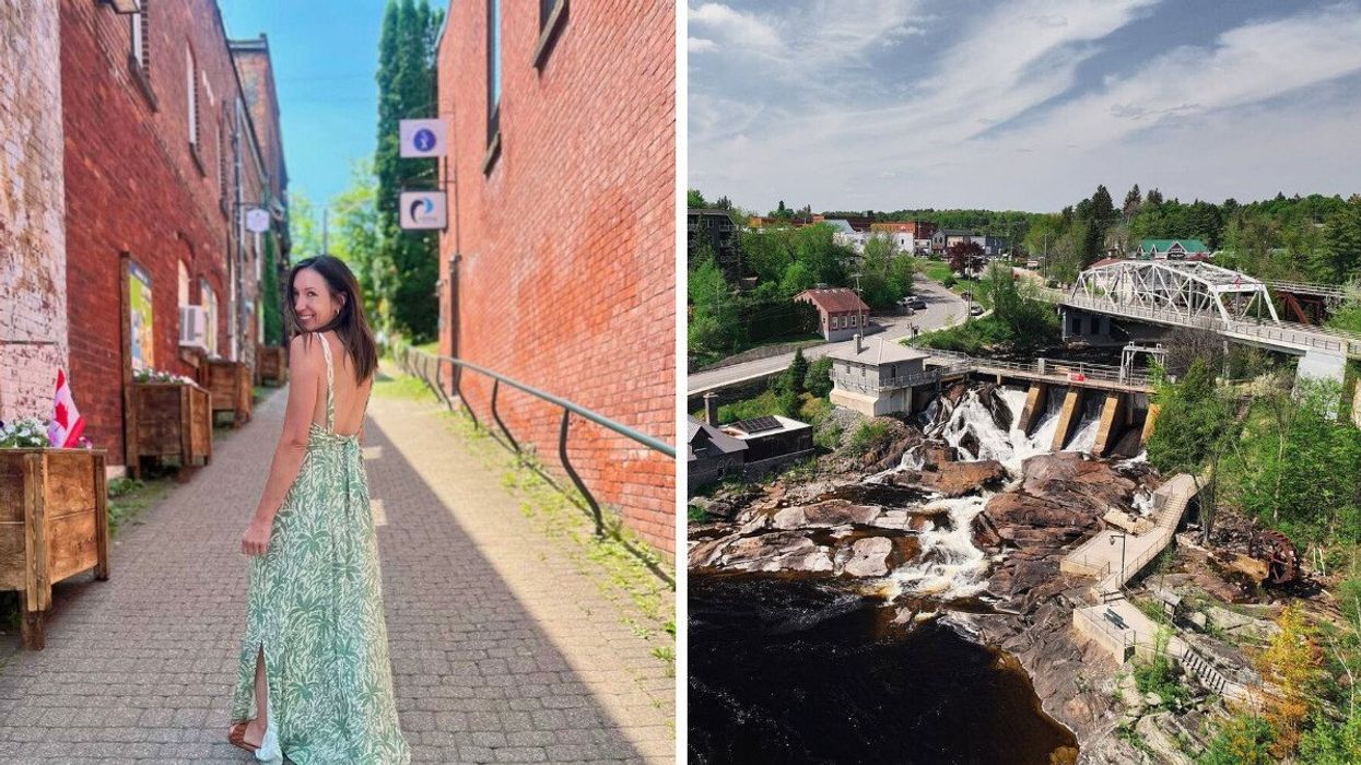 A person standing on a street. Right: A waterfall.
