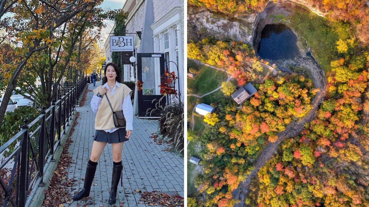 A person standing on a street. Right: An aerial view of a waterfall.