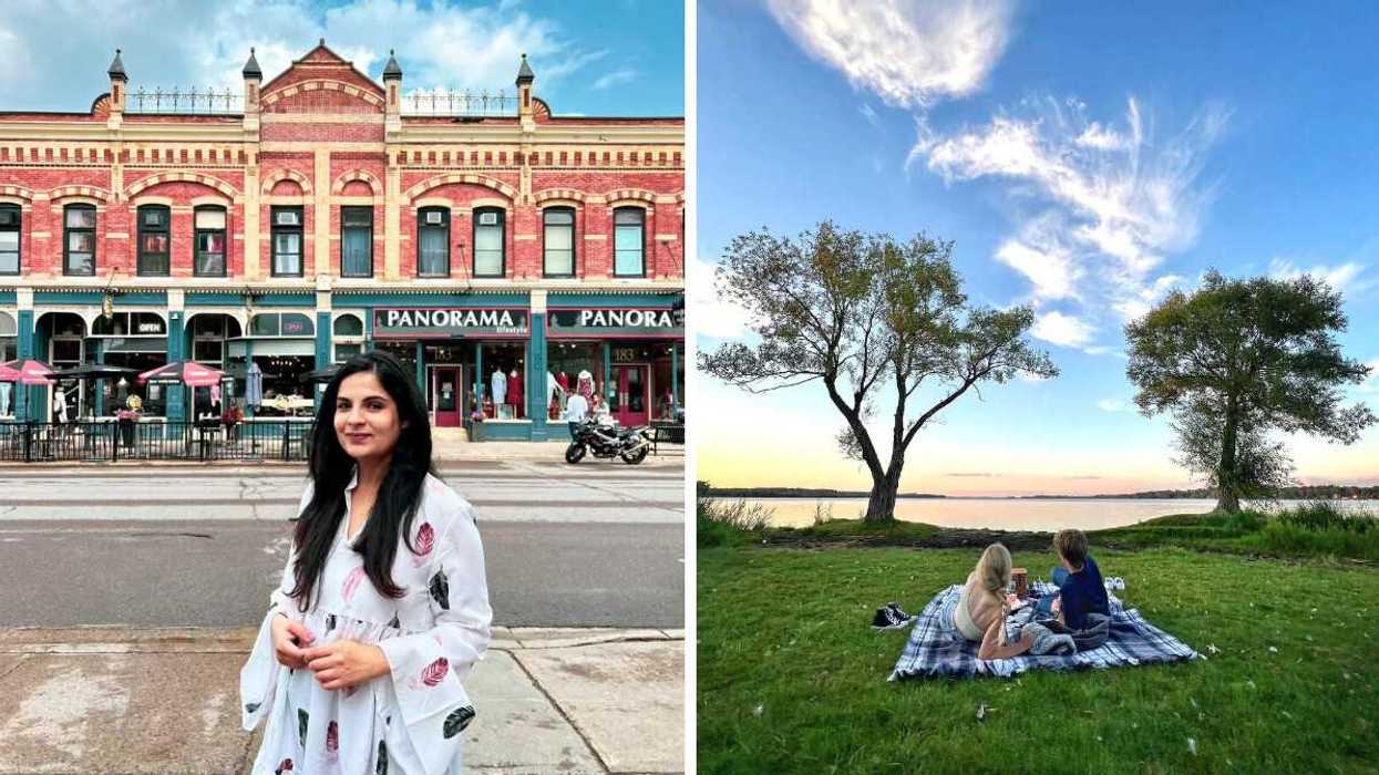 A person standing on a street. Right: Two people having a picnic by a lake.