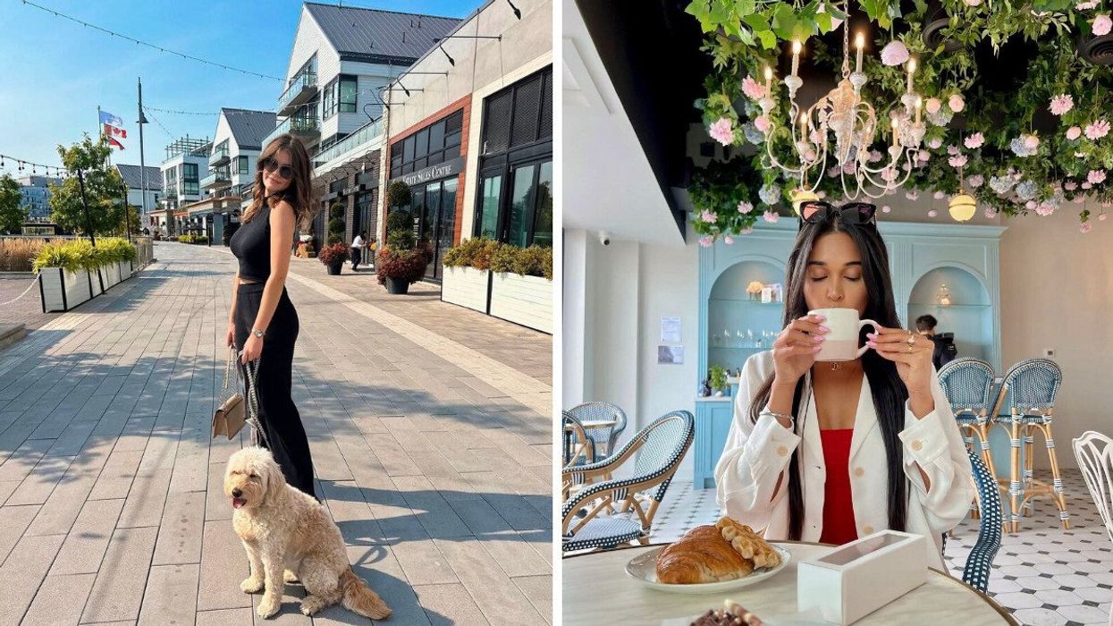 A person standing on a street with a dog. Right: A person sitting at a cafe.