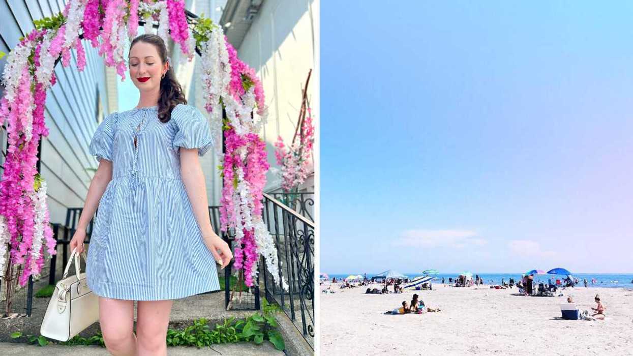 A person standing on a street with flowers. Right: A sandy beach.
