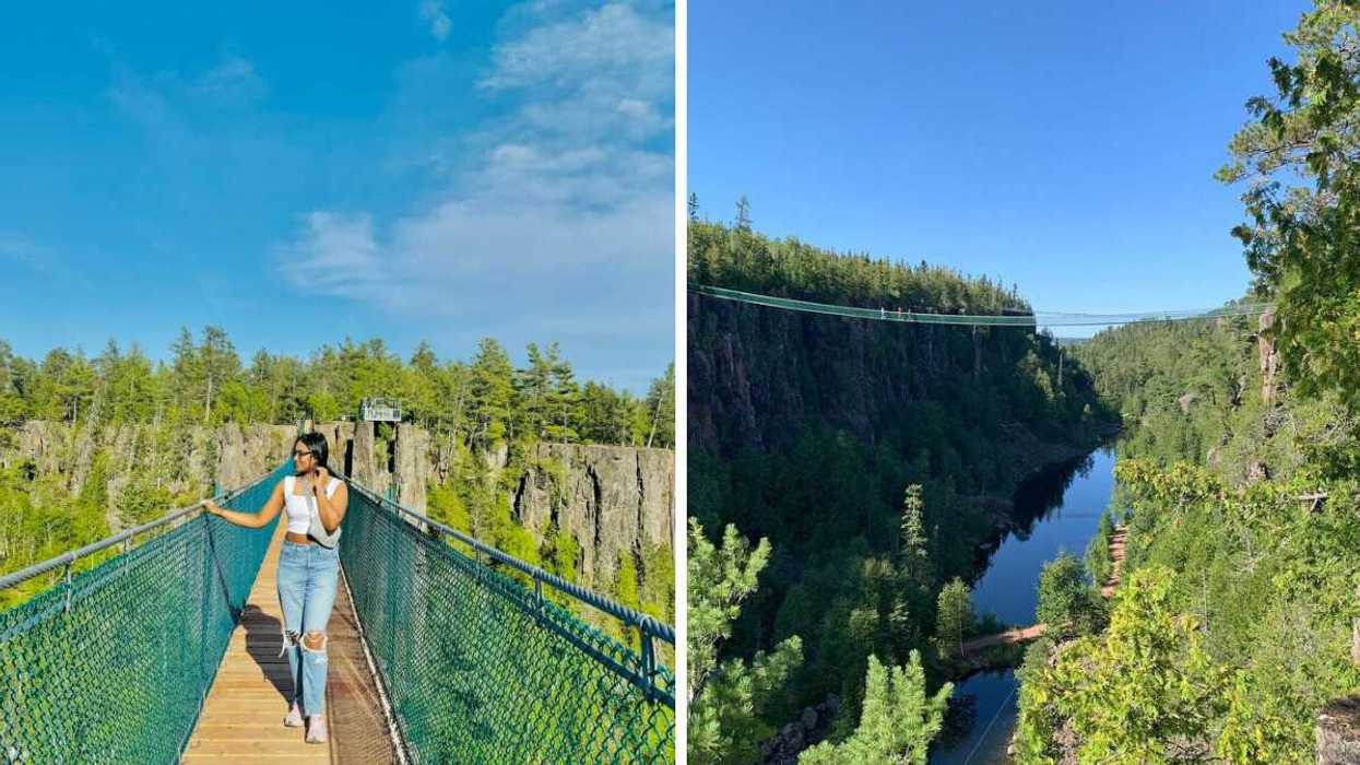 A person standing on a suspension bridge. Right: A suspension bridge across a canyon.