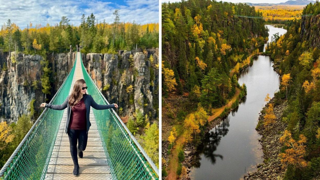 A person standing on a suspension bridge. Right: A suspension bridge over a canyon.
