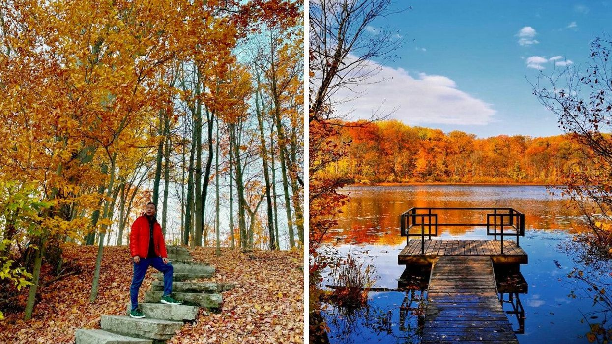 A person standing on a trail in a forest. Right: A floating dock by fall colours.