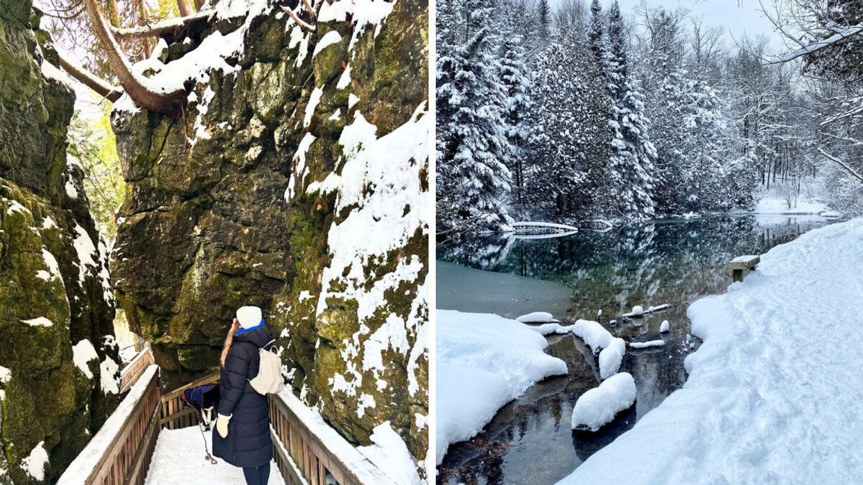 A person standing on a trail. Right: A lake during the winter.