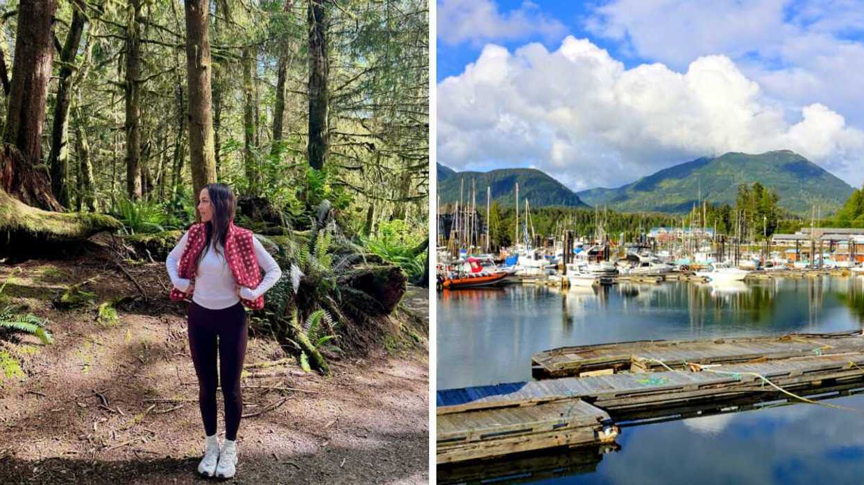 A person standing on a trail. Right: A small waterfront town.