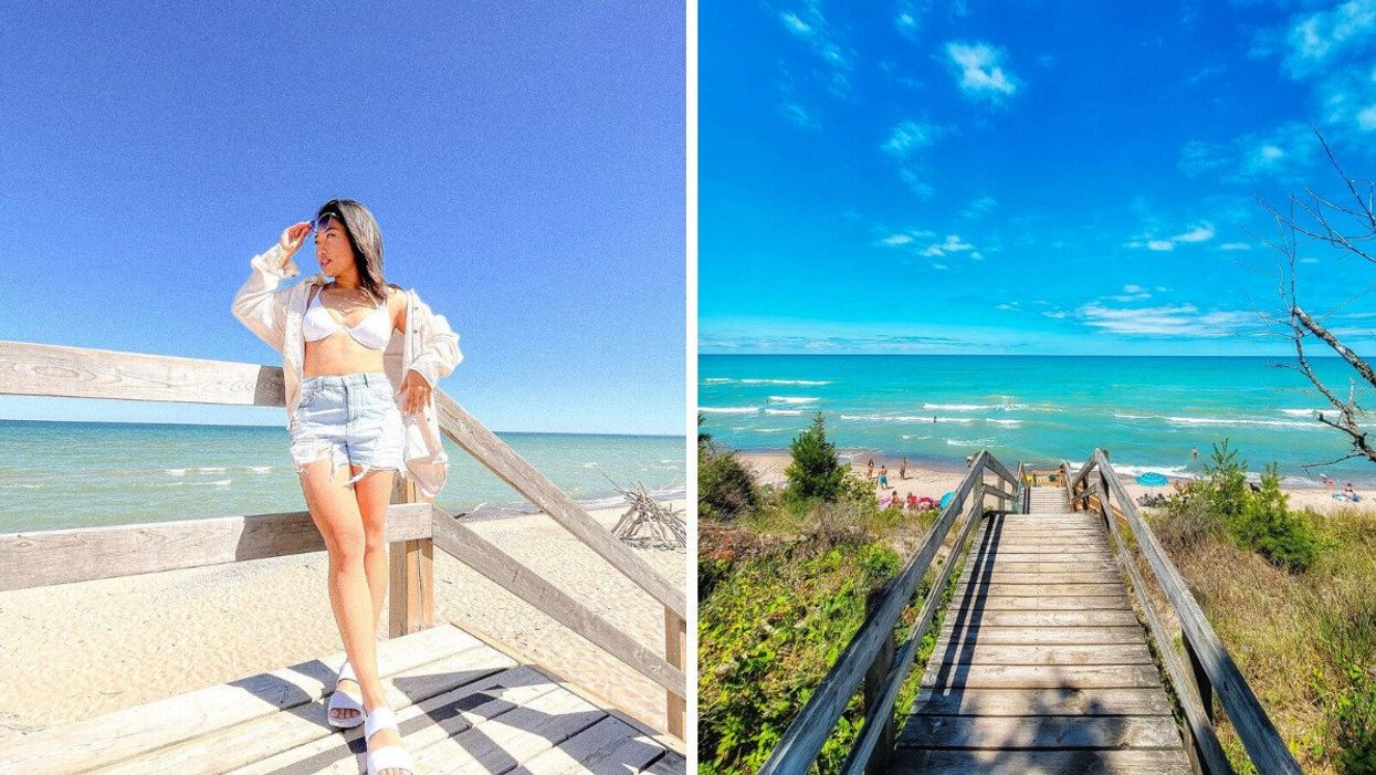 A person standing on a white sand beach. Right: A boardwalk leading to a beach.