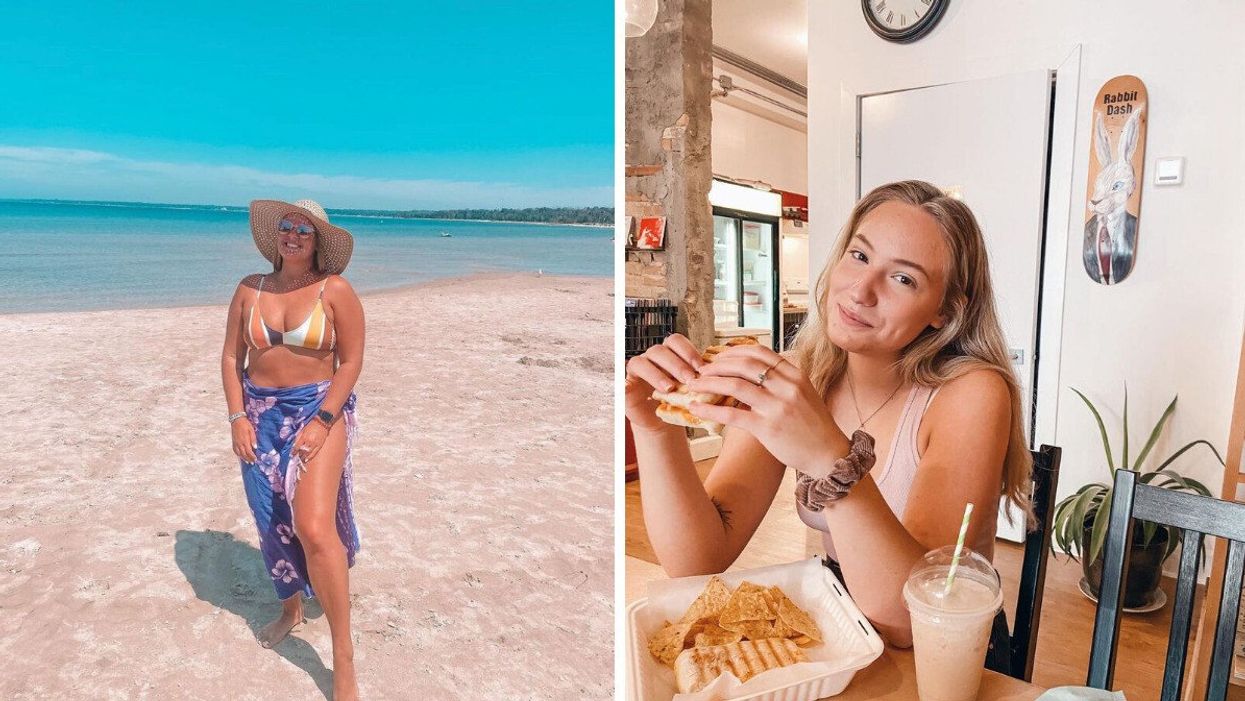 A person standing on a white sand beach. Right: A person eating lunch in a cafe.