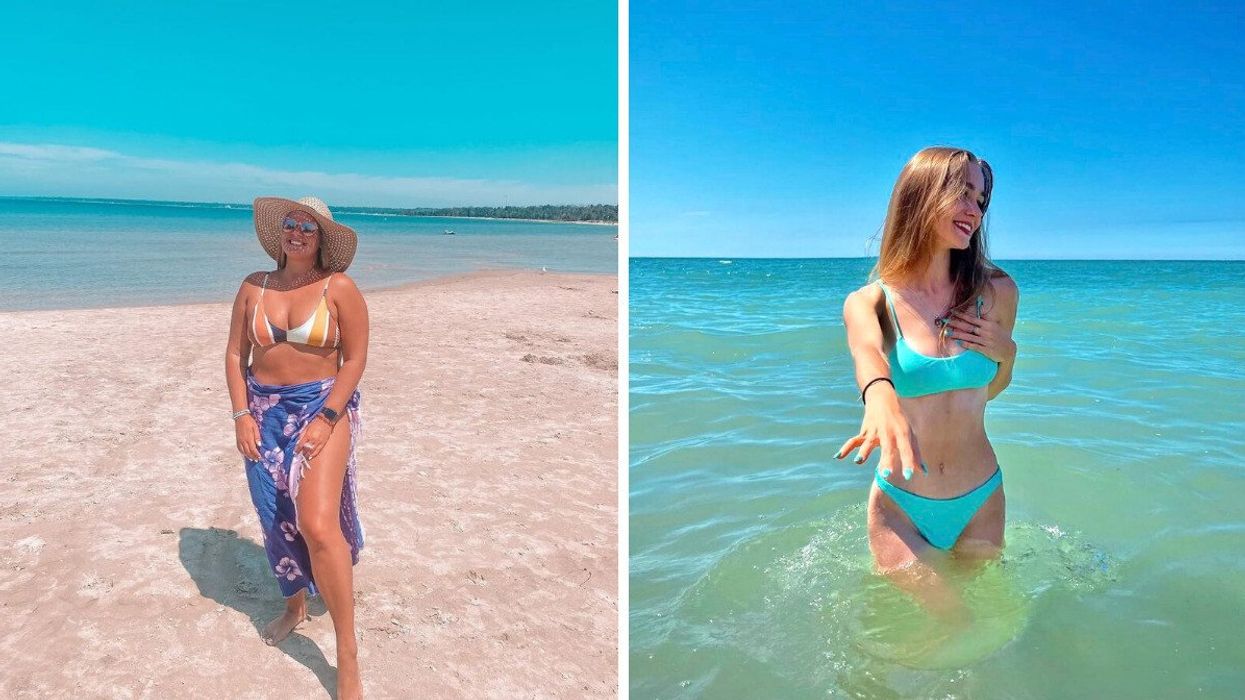 A person standing on a white sand beach. Right: A person swimming in turquoise water.
