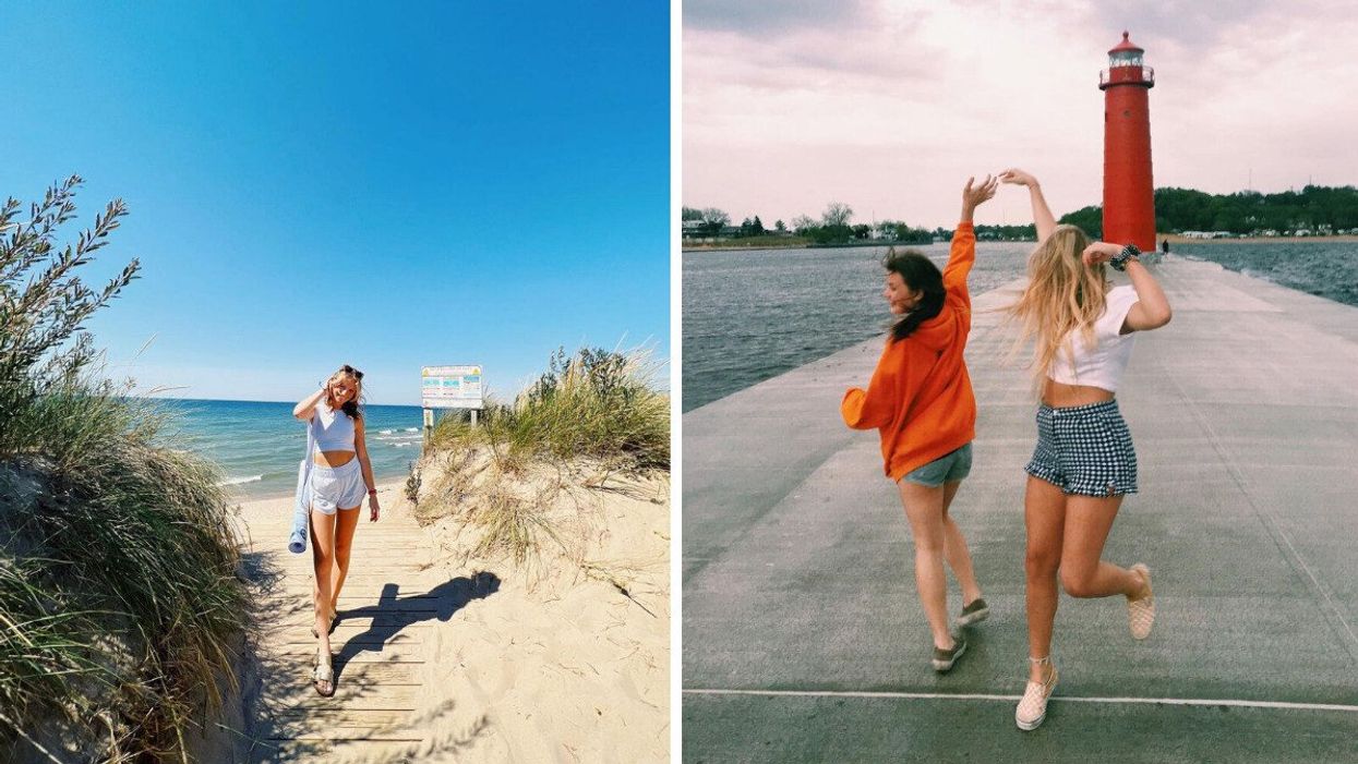 A person standing on a white sand beach. Right: Two people standing on a pier.