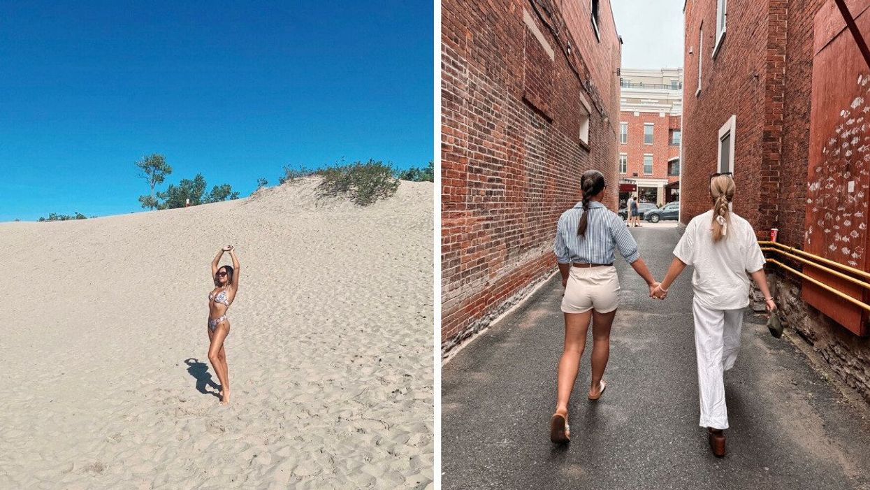 A person standing on a white sand beach. Right: Two people walking down an alleyway.