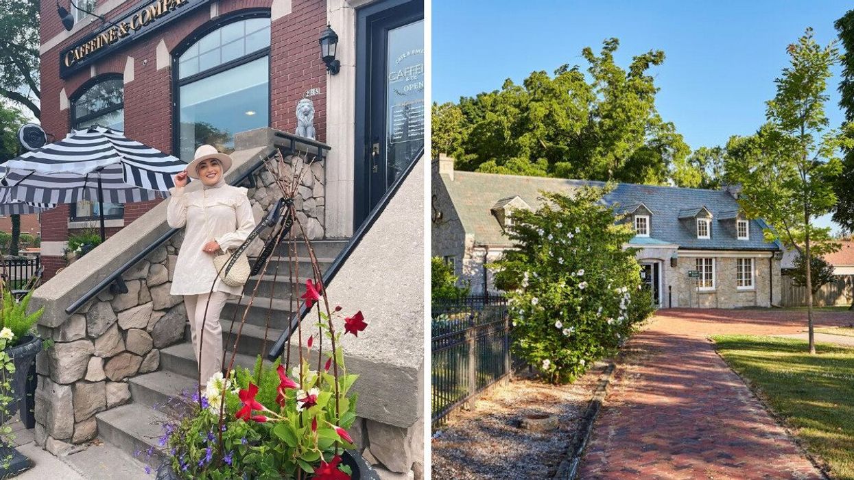 A person standing on stone steps. Right: A historic building on a waterfront.