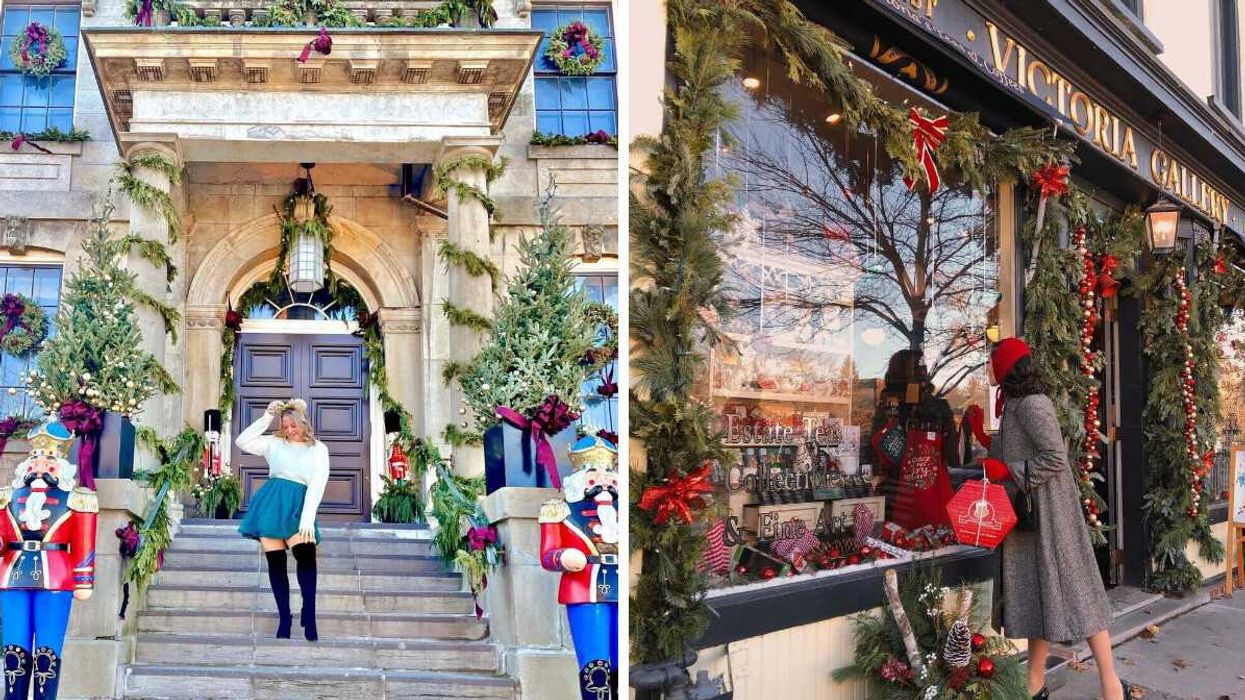 A person standing on stone steps. Right: A person looking into a Christmas store.