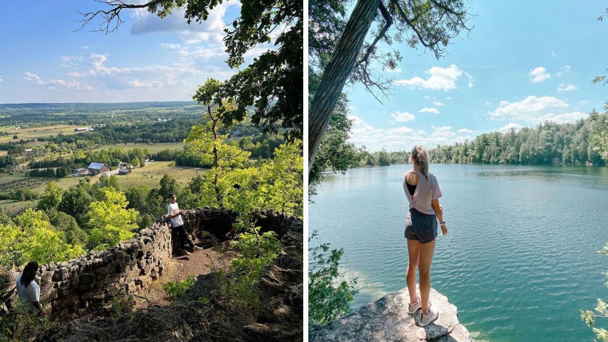 A person standing on the edge of a cliff. Right: A person standing by a lake.