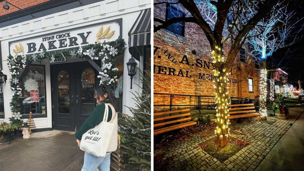 A person standing outside a bakery. Right: A street with Christmas lights.