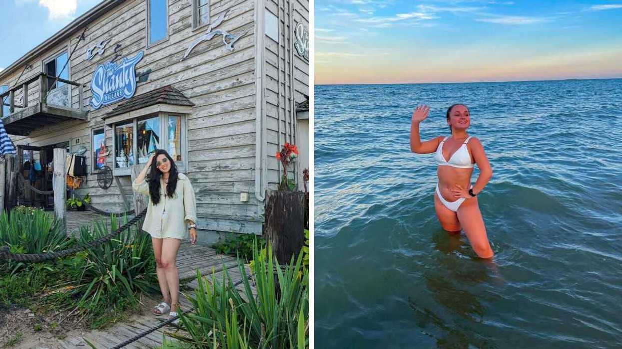 A person standing outside a building. Right: A person in a lake.