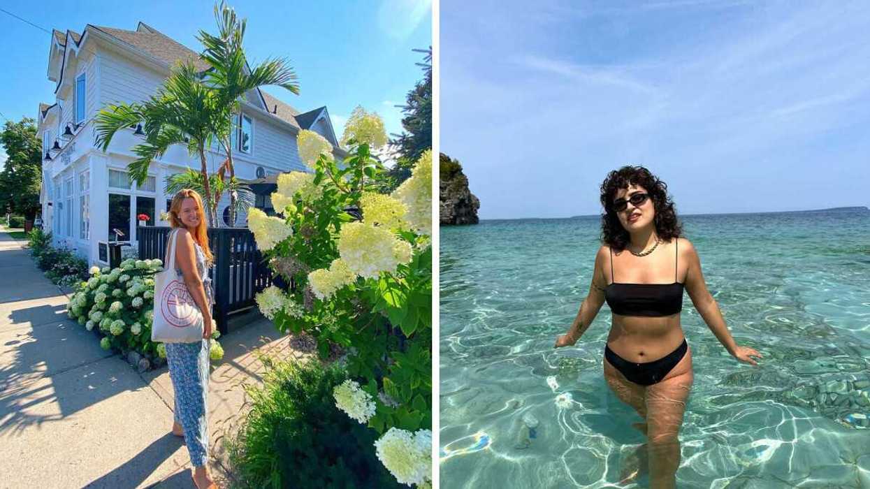 A person standing outside a building. Right: A person swimming in clear water.