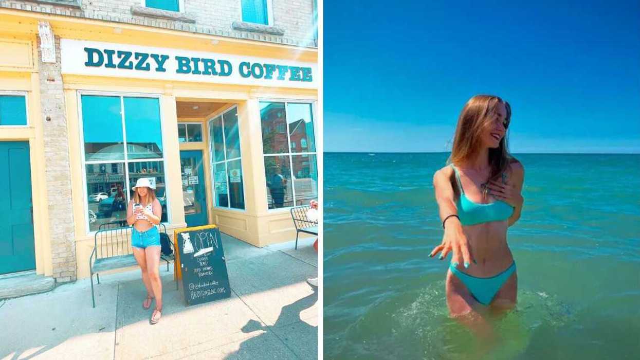 A person standing outside a cafe. Right: A person swimming.