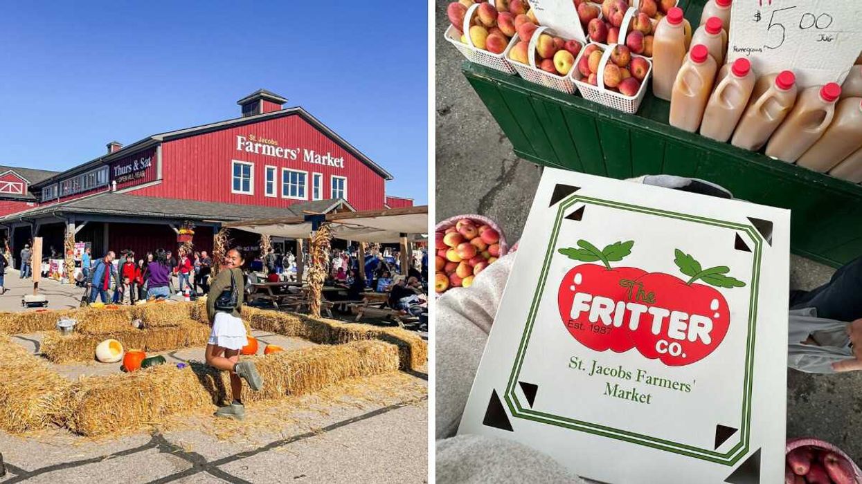 A person standing outside a farmers' market. Right: A box of fritters.