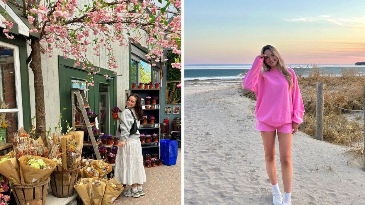A person standing outside a flower market. Right: A person standing on a sandy beach.