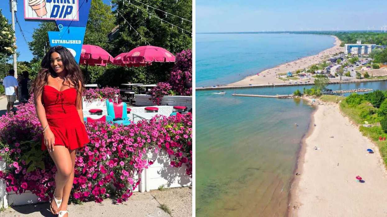 A person standing outside a patio with pink flowers. Right: An aerial view of a beach.