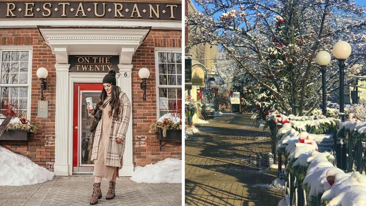 A person standing outside a restaurant. Right: A snowy street with Christmas decor.